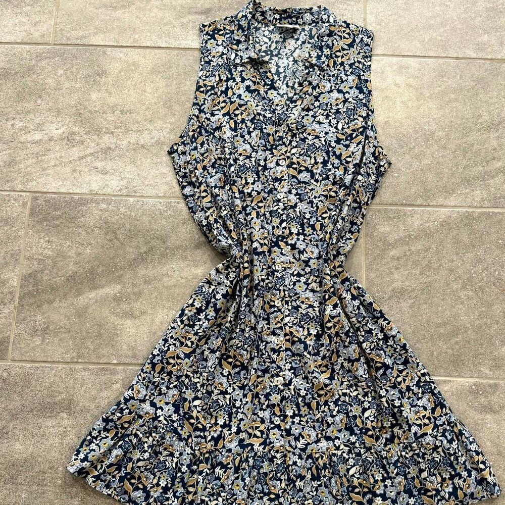 J. Jill Navy Floral Maxi Dress Large Sleeveless Button Front Cottagecore Boho